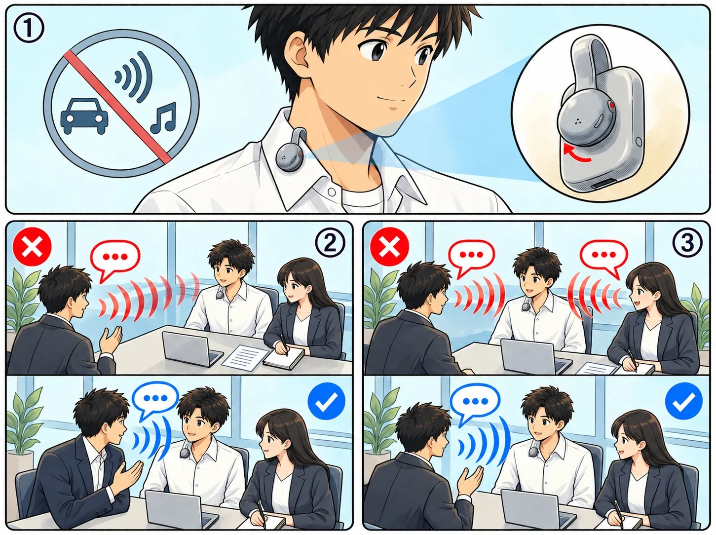 録音の認識精度を高める方法を示すイラスト：騒音を避け、話し手の近くで、複数人が同時に話さないようにします。